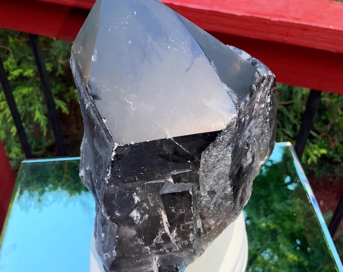 Black Morion Quartz Display Crystal 9 Lb. 2 oz.  Single-Terminated Point Cluster ~ 9" Tall ~Natural Black Color ~ Custom Hand Carved Stand