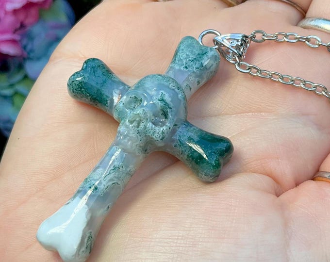 CLEARANCE! ~ Moss Agate Skull & Cross Bones Gemstone Crystal Pendant ~ 2 1/2" Long ~ One-of-a-Kind with Silver Chain ~