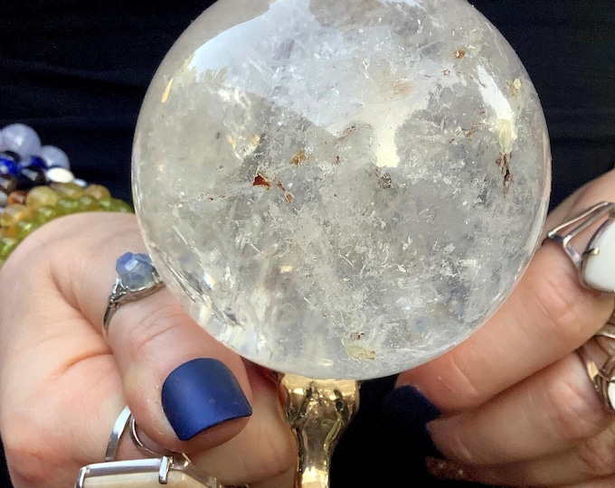 Clear Quartz Crystal Ball ~ 1 Lb. 3 oz. ~ 3" Wide ~ Home Decor, Polished Sphere ~ with Brass Display Stand