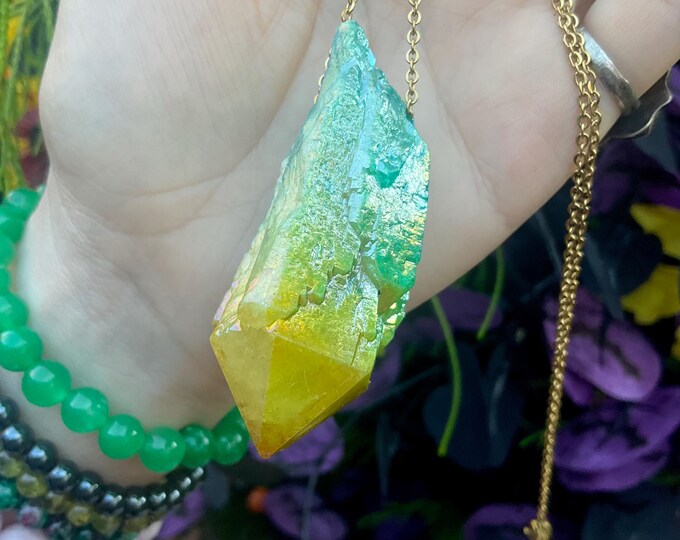 Aura Quartz Pendant Necklace ~ Large 2 1/2" Long ~ One-of-a-Kind Natural Crystal ~ Sparkling Green & Yellow Elestial Quartz~ Fast Shipping