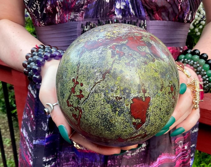 Dragon Bloodstone Crystal Ball ~ Large 8 lb. 7 oz. ~ 5" Wide ~ Green Epidote and Red Piemontite ~ Metaphysical Home Decor, Reiki, Altars ~