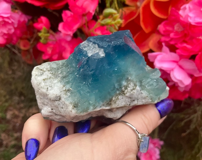 Blue Fluorite Crystal Cluster ~ 7 1/2 oz. ~ 3 1/2 " Long ~ Sparkling Two-Sided Crystal on Matrix ~ Ancient Translucent Cubic Formation