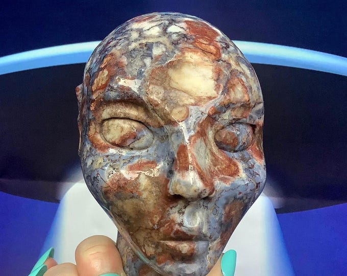 Blue Agate Crystal Elf Skull ~ 2 Lb. ~ 4" Tall ~ Sparkling Red, Yellow, Gold Colors ~ Metaphysical Home Decor ~ Fast & Free Shipping, USA ~