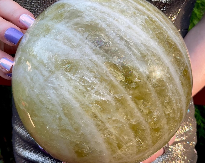 Citrine Crystal Ball ~ Large 11 Lb. 7 oz. ~ 6" Wide ~ Big Polished Sphere ~ Golden Yellow with White Quartz Bands ~ Sparkling Inclusions