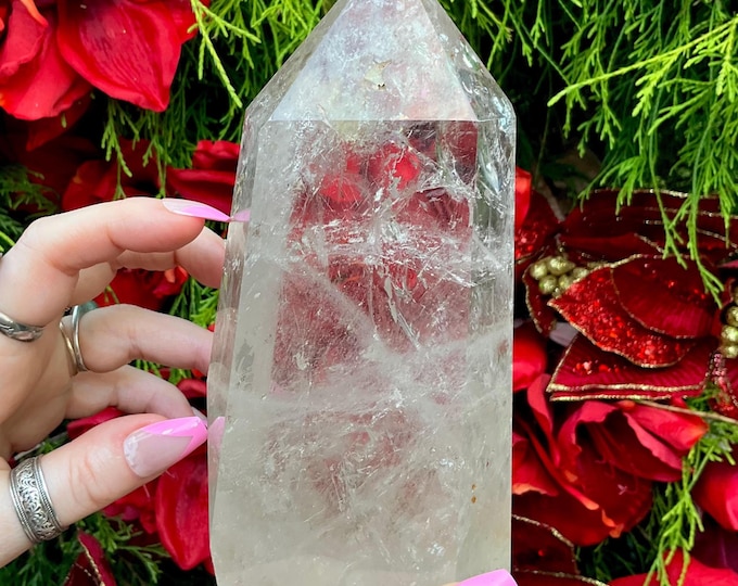 Ultra Clear Quartz Crystal Generator ~ Large 2 Lb. 10 oz. ~ 6 1/2" Tall ~ Rainbow & Silver Inclusions ~ Home Decor, Sanctuary, Sacred Space