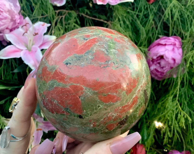 Unakite Crystal Ball ~  3 Lb. 15 oz. ~ 4" Wide Sphere ~ Beautiful Display w/ Epidote, Pink Orthoclase, and Quartz inclusions ~ Fast Shipping