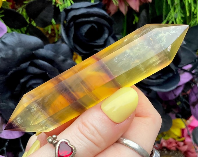 Rainbow Fluorite Double Terminated Wand ~ Large 2.6 oz. ~ 4" Long ~ Yellow, Gold, Purple ~ Fast & Free Shipping, USA + Global Shipping