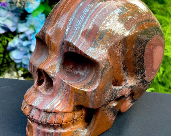 Tigers Eye Crystal Skull ~ Large 3 Lb. 2 oz. ~ 5" Long ~ One-of-a-Kind Carving ~ Colorful Swirling Golden Red Brown & Black Hematite Stripes