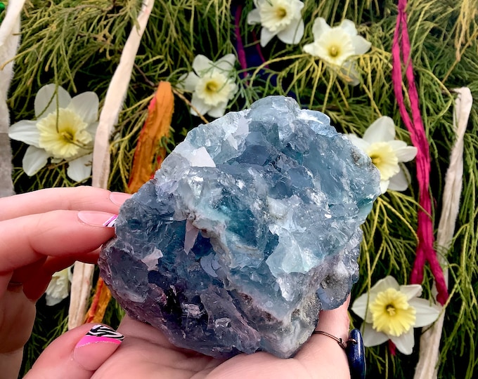 Blue Fluorite Crystal Cluster ~ Large 2 lb. ~ 4" Long ~ Ocean Blue & Clear Sparkly Translucent Crystal Color ~ Geometric Cubic Formation