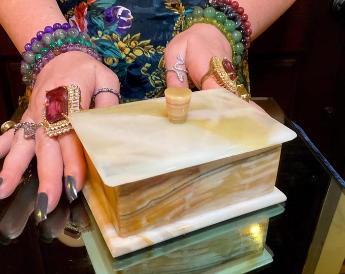 White Onyx Jewelry Box with Lid ~ 4 1/2" Long ~ Vintage Hand Carved Charging Box