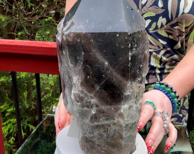 Black Morion Quartz Display Crystal 8 Lb. 14 oz.  Single-Terminated Point Cluster ~ 11" Tall Natural Black Color ~ Custom Hand Carved Stand