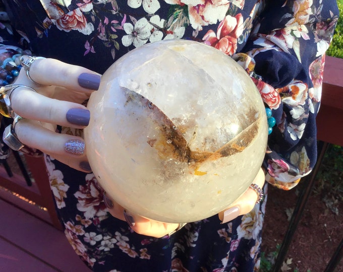 Clear Quartz Golden Healer Crystal Ball ~ Large 6 Lb. 15 oz. ~ 5" Wide ~ Sparkling Transparent Polished Sphere ~ Golden Sand Inclusions