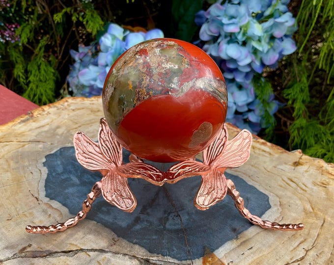 Red Jasper Crystal Ball ~ Large 1 Lb. 5 oz. ~ 3" Wide ~ Polished Sphere w/ Dragon Fly Copper Metal Stand ~ Red White Orange & Pink Colors