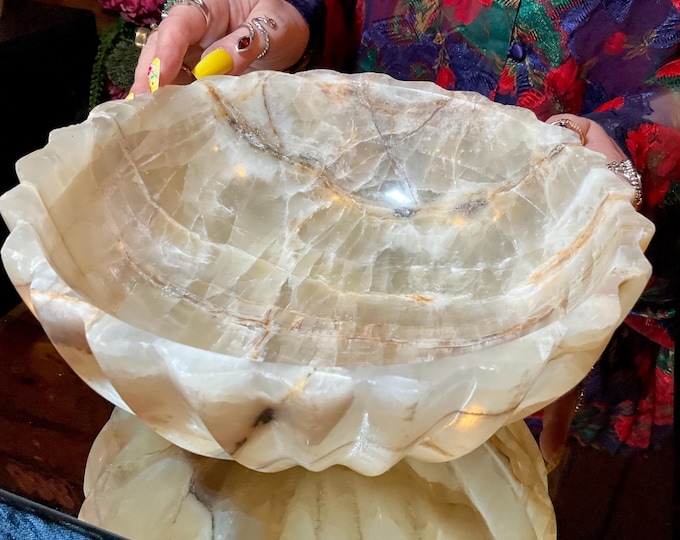 White Calcite Crystal Bowl ~ Large 7 Lb. 9 oz. ~ 10" Wide ~ Natural White & Golden Colors ~ Crystal Home Decor