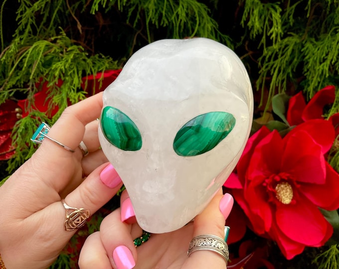 Snow Quartz Alien Crystal Skull ~ Large 2 Lb. 14 oz. ~ 4" Long ~ Sparkling Opaque White Colors ~ Green Malachite Eyes ~Hand Carved Sculpture