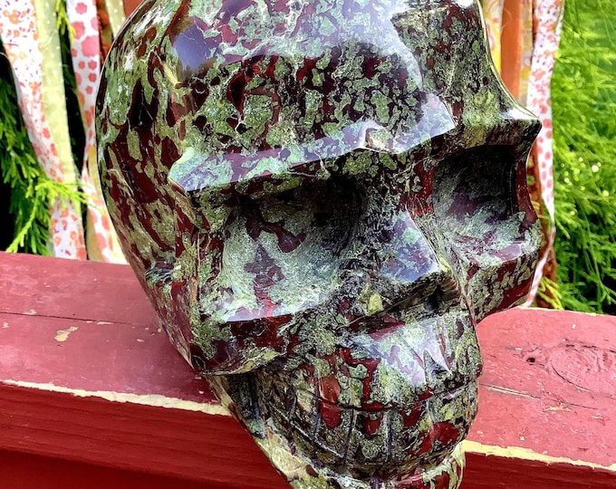 Dragon Bloodstone Crystal Skull ~ Large 11 Lb. 12 oz. ~ 6" Tall ~ Fiery Red and Green Polished Stone ~ Highest Quality Metaphysical Decor