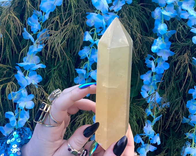 Yellow Calcite Crystal Generator: Golden Honey & Silver Inclusions, 6" Tower