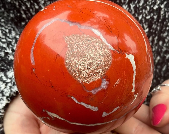 Red Jasper Crystal Ball ~ Large 1 Lb. 10 oz. ~ 3" Wide ~ Colorful Red & White Sphere w Display Stand ~ Reiki Altar Display ~ Fast Shipping