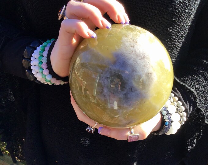 Citrine Crystal Ball ~ 7 Lb. 7 oz. Polished Sphere ~ 5" Wide ~ Big Sparkling Yellow Golden Smokey Phantom Prisms ~ Pyramid Stripe Inclusions