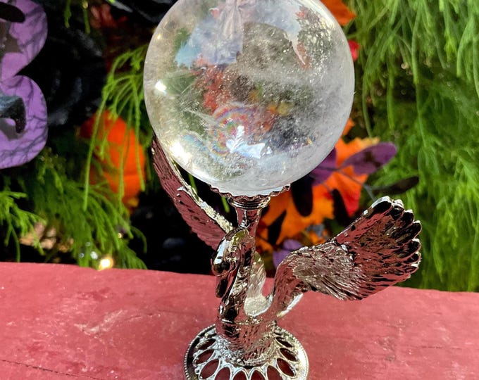 Clear Quartz Crystal Ball ~ 5 oz. ~ 1 1/2" Wide Sphere ~ Silver Swan Display Stand ~ Reiki, Altar, Feng Shui Decor ~ Fast & Free Shipping