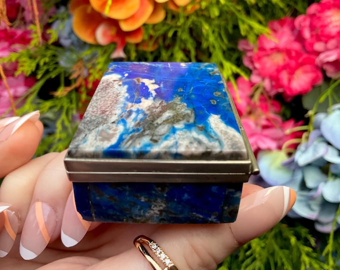 Vintage Lapis Lazuli Jewelry Box: Handmade Afghan Decor with Silver Trim