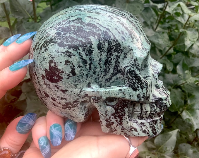 Green & Black Jasper Crystal Skull ~ Large 3 Lb. 2 oz. ~ 5" Long ~ High Quality ~ Expertly Hand Carved ~ Swirling Deep Green Colors