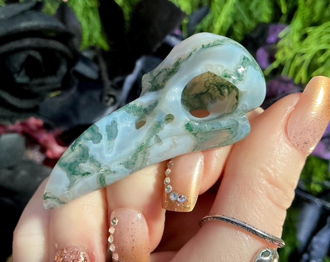 Moss Agate Raven Skull Carving Large ~ 2" Long ~ Pendant Necklace ~ Hand Carved One-of-a-Kind Sculpture ~ Natural Crystal ~ Goth Bird