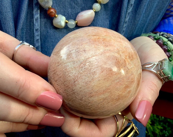 Peach Moonstone Crystal Ball: Iridescent Reiki Altar Display