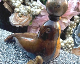 SUMMER CLEARANCE! ~ Tigers Eye Seal Crystal Carving with Ball ~ 10 oz. ~ 5" Long ~ Spirit Animal, Totem, Metaphysical Home Decor ~