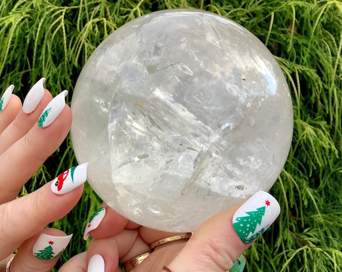 Clear Quartz Crystal Ball ~ Large 2 Lb. 13 oz. ~ 3 1/2" Wide ~ Stunning Rainbow and Silver Inclusions ~ Chakra Altar, Reiki Healing Decor ~