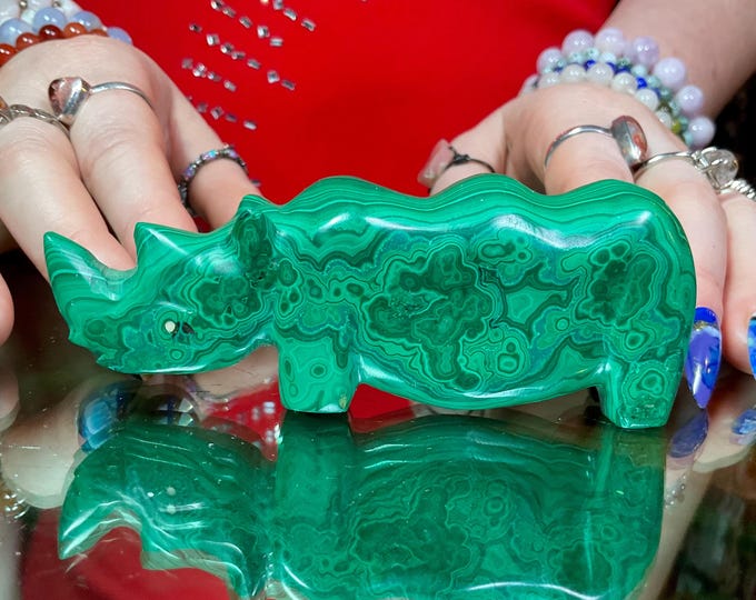 Malachite Crystal Rhinoceros Carving ~ 8 oz. ~ 4 1/2" Long ~ Hand Carved from Africa Congo ~ Bullseye Patterns ~ Spirit Animal Totem