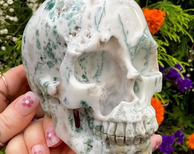 Moss Agate Crystal Skull ~ 2 Lb. 4 oz. ~ 5" Long ~ Swirling Green & White Colors ~ Expertly Hand-Carved Sculpture ~ Fast Shipping from U.S.A