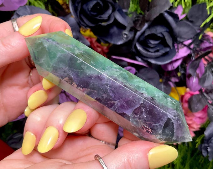 Rainbow Fluorite Double Terminated Wand ~ Large 6.1 oz. ~ 4 1/2" Long ~ Clear, Green, Purple ~ Fast & Free Shipping, USA + Global Shipping