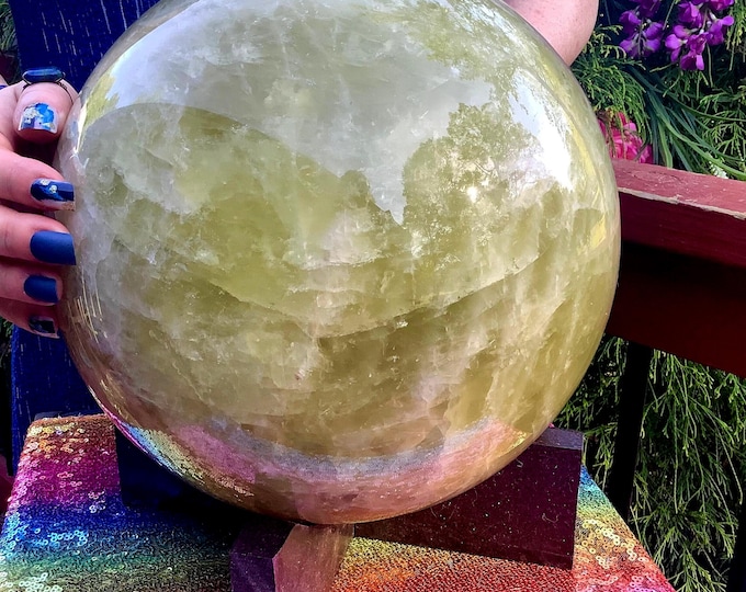 Citrine Crystal Ball ~ MASSIVE 43 Lb. ~ 10" Wide ~ Polished Sphere w/ Custom Wooden Display Stand ~ Swirling White Bands ~ Free Shipping ~