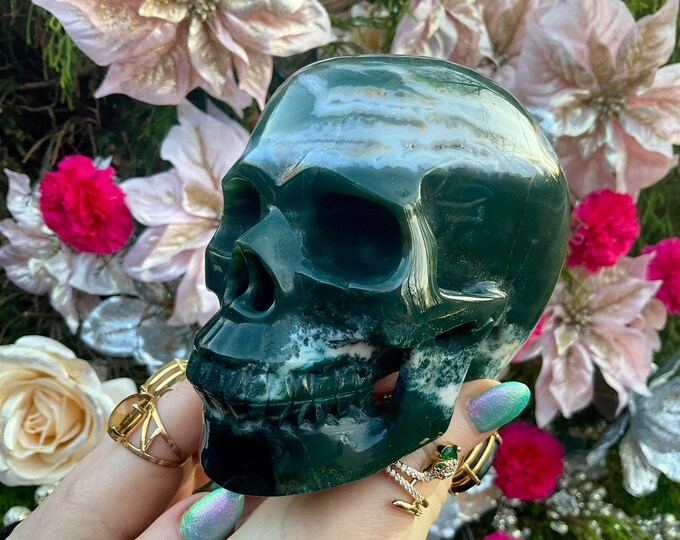 Moss Agate Crystal Skull ~ 2 Lb. 13 oz. ~ 5" Long ~ Swirling Green & White Colors ~ Expertly Hand-Carved Display Sculpture ~ Fast Shipping