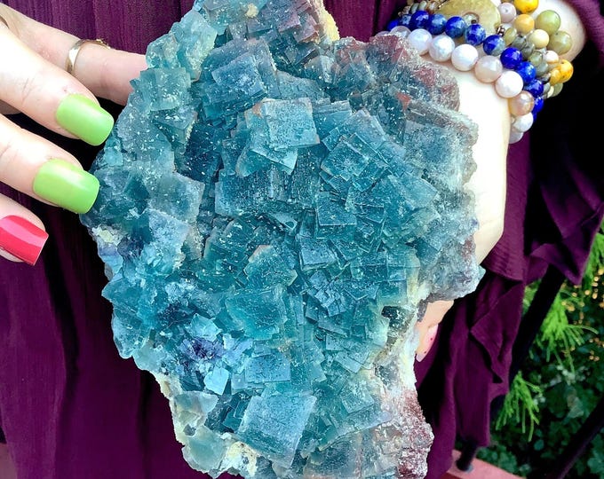 Blue Fluorite Crystal Cluster ~ Large 5 lb. 15 oz. ~ 8" Long ~ Sparkling Rare Color, Cubic Formation ~ Third Eye Chakra, Altar, Home Decor