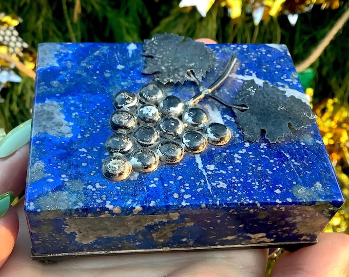 Lapis Lazuli Jewelry Box with Lid ~ 3" Long ~ Handmade with Silver Accents~ Vintage Treasure Box with Swirling Blue with Gold Pyrite