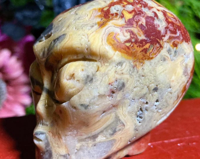 CLEARANCE ~ Crazy Lace Agate Mini Skull 5 oz. Crystal ~ 2" Long ~ Swirling Red & Yellow Colors ~ Expertly Hand -Carved Display Sculpture