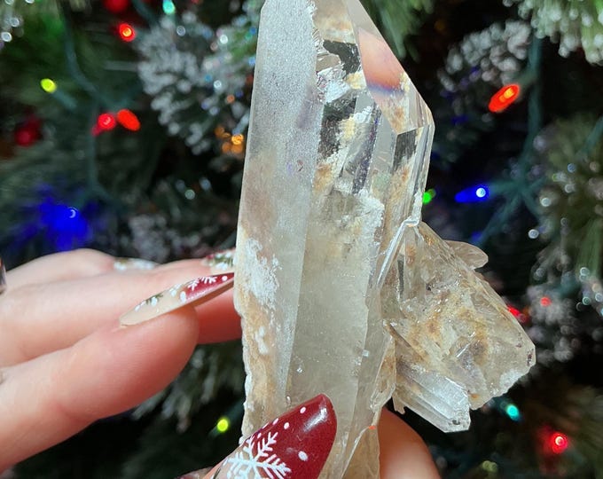CLEARANCE ~ Clear Quartz Crystal Cluster ~ Gem Cut Twin Points ~ 3" Long ~ Big 2.8 oz. ~ Green Chlorite Inclusions, Silver phantoms