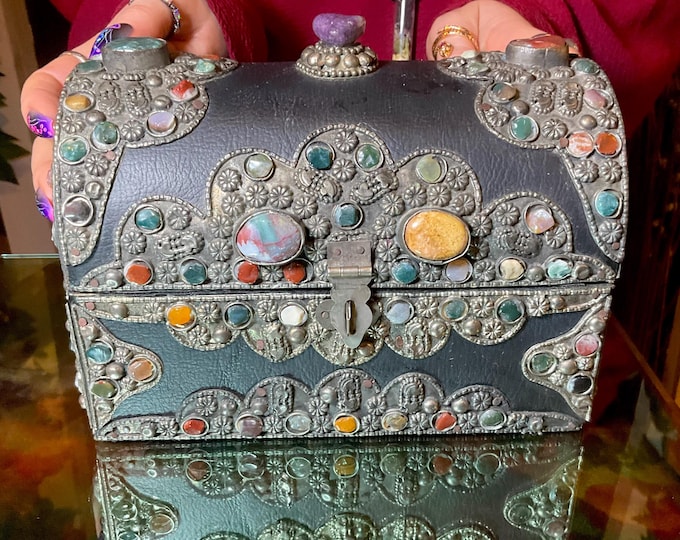 Vintage Agate Inlaid Moroccan Jewelry Box ~ Moorish Dome Top w/ Semi Precious Stones ~ 7" Long Handmade in Morocco