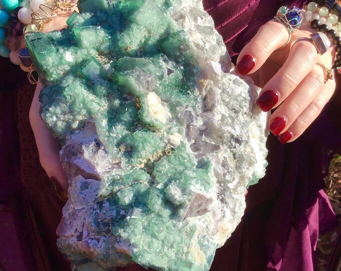 Green Fluorite Crystal Cluster ~ Large 6 Lb. ~ 8" Long ~ Deep Green White Feldspar Ultra Sparkly ~ Amazing Altar Display ~ Museum Quality