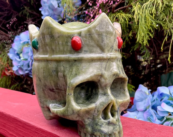 Jade Queen Crystal Skull Large 4 Lb. 13 oz. ~ Swirling Colors ~ 5" Long ~ Hand Carved with Red Jasper, Malachite, Labradorite, Crown Jewels