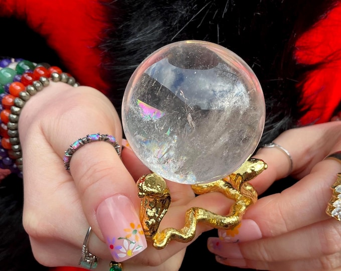 Clear Quartz Crystal Ball with Gold Cobra Stand: Reiki Altar Decor