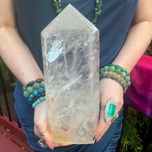 Large Clear Quartz Crystal Generator: 11&quot; Tower with Rainbow Inclusions