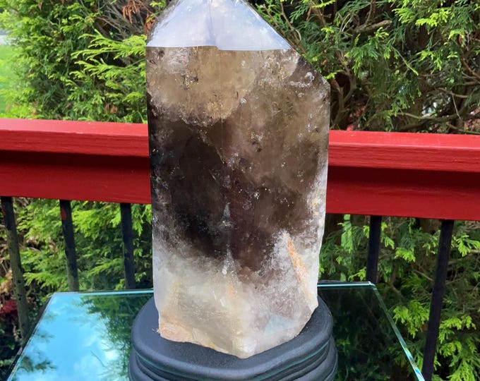 Smokey Citrine Quartz Crystal Point ~ 9 Lb.  11 oz. ~ 9" Tall~ Sparkling Yellow with Golden Rainbow Inclusions ~ Custom Hand Carved Stand