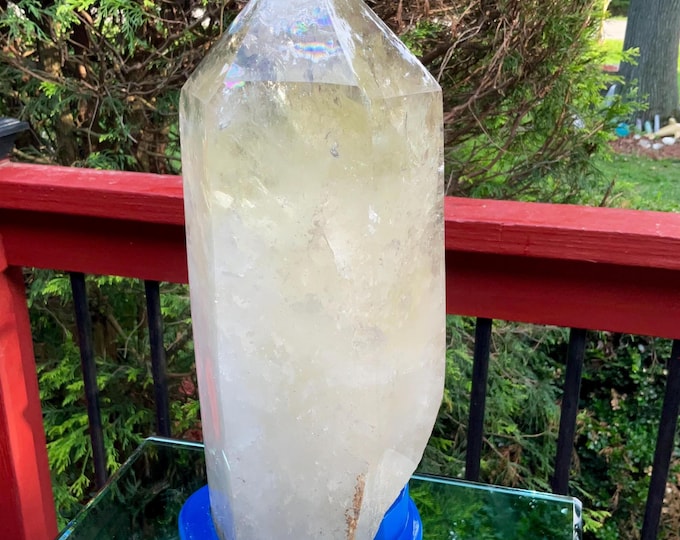 Clear Citrine Quartz Crystal Point ~ 13 Lb. ~ 12" Tall~ Sparkling Yellow with Golden Rainbow Inclusions ~ Custom Hand Carved Stand