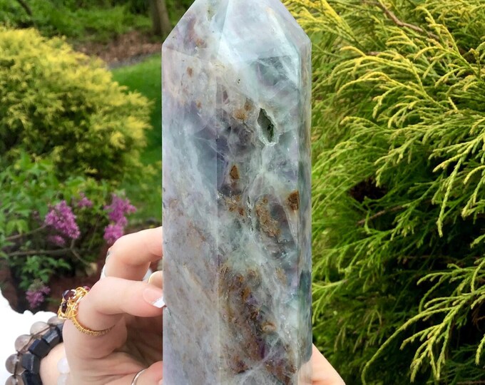 Rainbow Fluorite Crystal Generator ~ Large 2 lb. 5 oz. ~ 7" Tall Tower ~ Purple & White Pillar ~ Natural Home Decor ~ Fast and Free Shipping