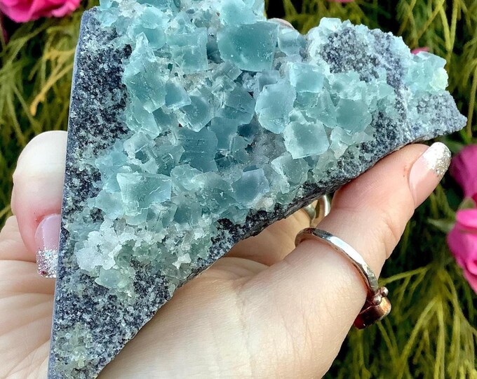 Blue Cubic Fluorite Crystal Cluster ~ Large 5 oz. ~ 4 1/2" Long ~ Third Eye, Throat Chakra, Reiki Healing Altar Display, Meditation Size