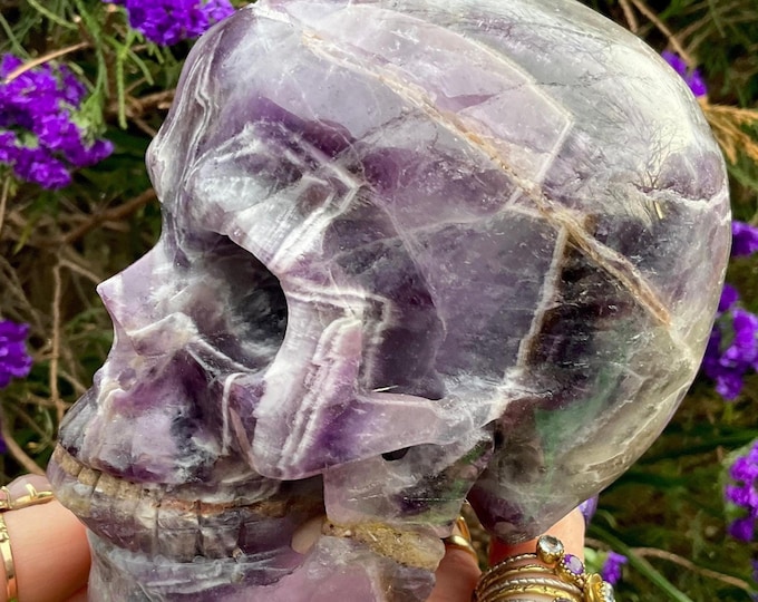 Amethyst Crystal Skull ~ Large 2 Lb. 15 oz. ~ 5" Long ~ Beautifully Hand Carved ~ Sparkling Purple & White Colors ~ Crystal Sculpture