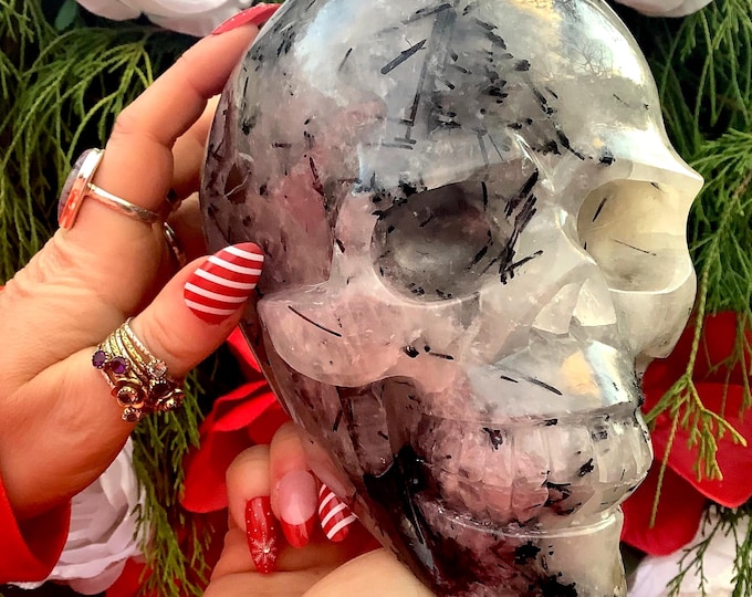 Black Tourmaline Crystal Large 6 Lb. 15 oz. Skull ~ 6" Tall ~Swirling Colorful Thick Black Hair Inclusions ~ Expertly Hand Carved